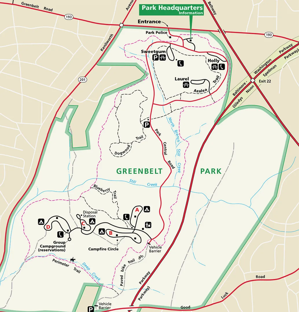 Trail map of Greenbelt Park showing the Perimeter Trail and campgrounds