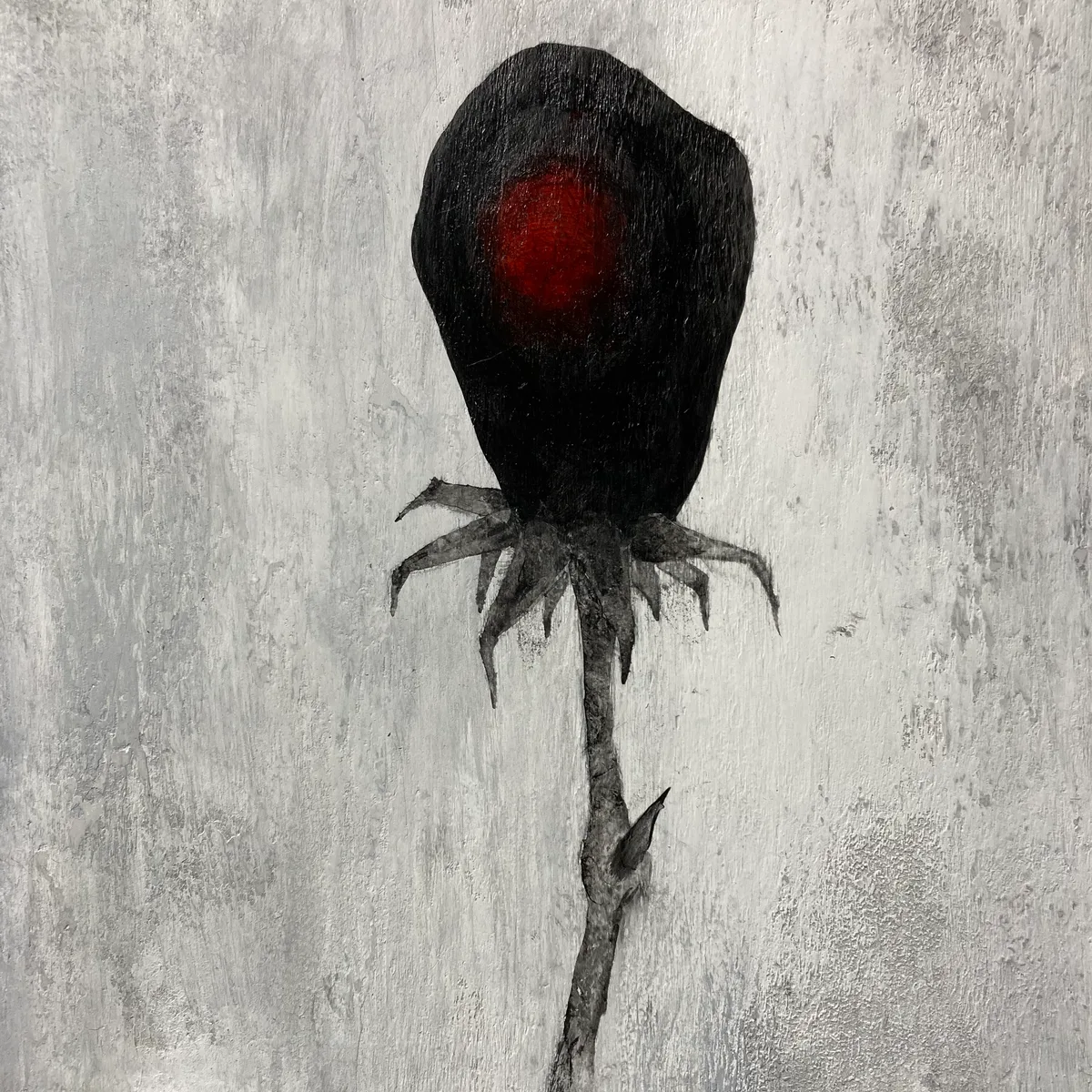 Painted panel of a dark flower form with a glowing red center, curling petals, and a stem, on a gray background.