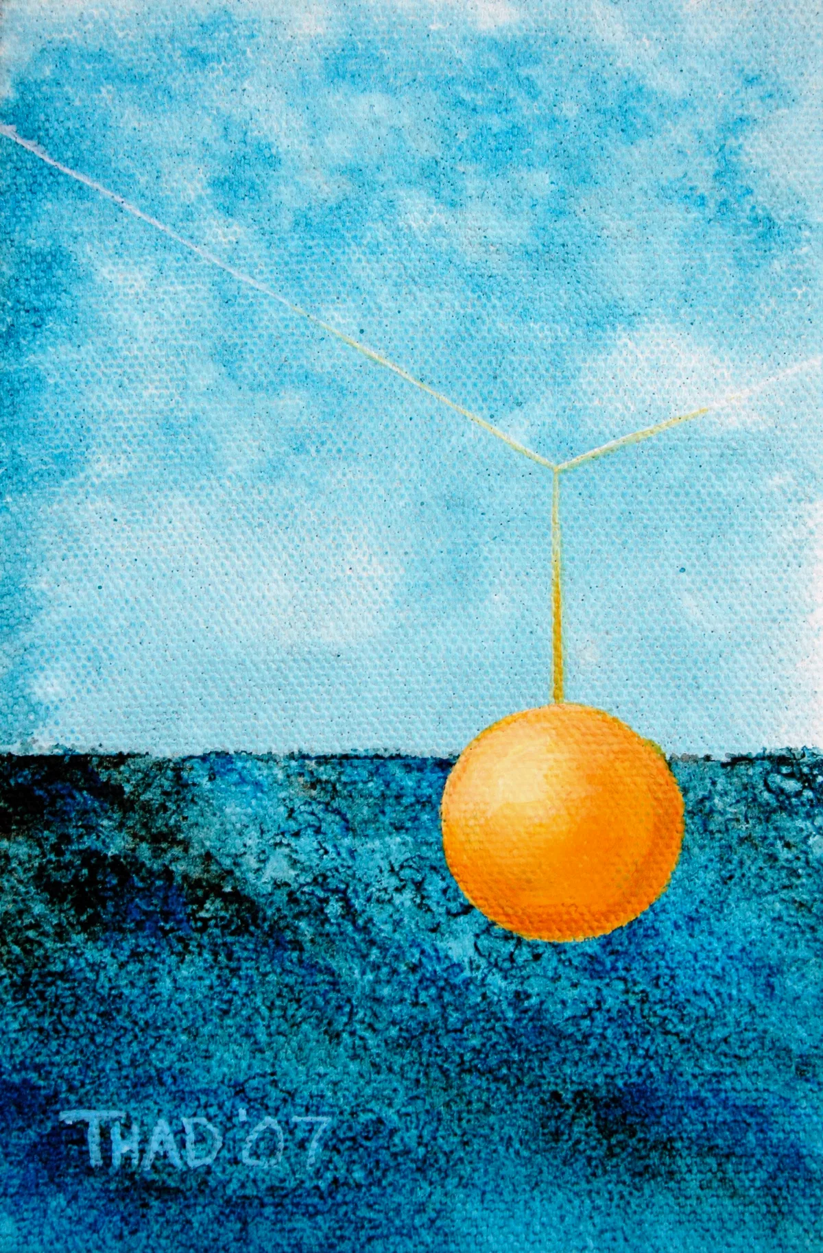Abstract painting of an orange sphere hanging over water by thin lines.