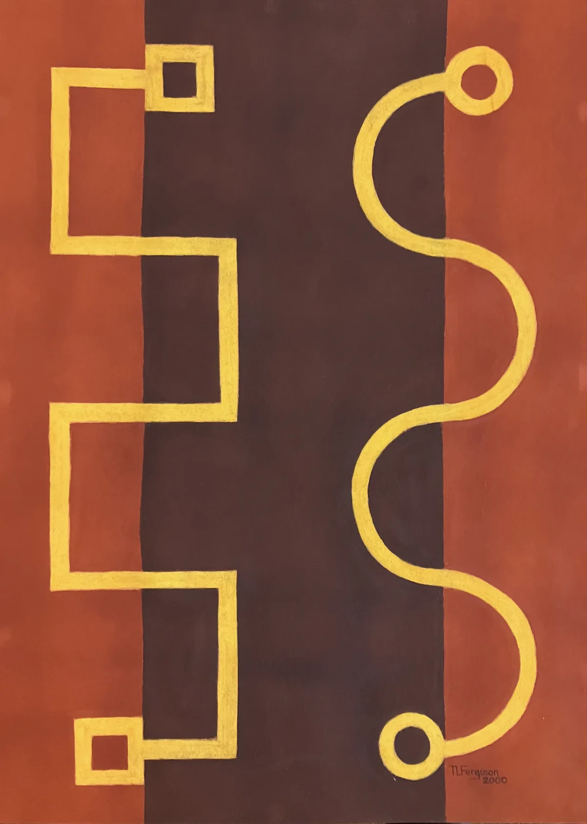 A pastel painting contrasting a rigid geometric yellow line with a smooth curving one, on rust and dark brown panels.