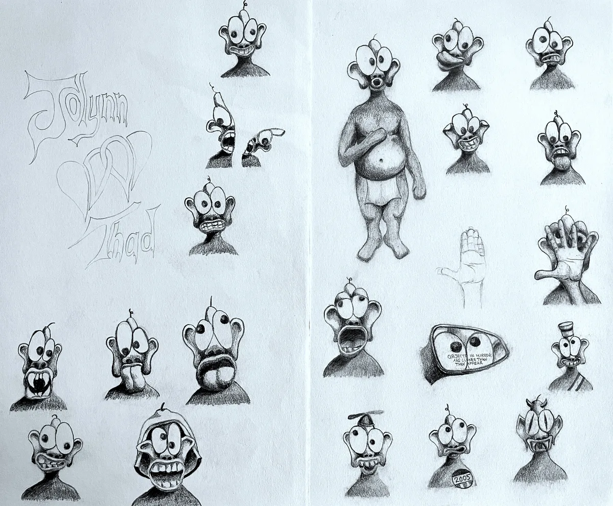 Graphite sketches of expressive cartoon-like self-portraits filling two facing pages.