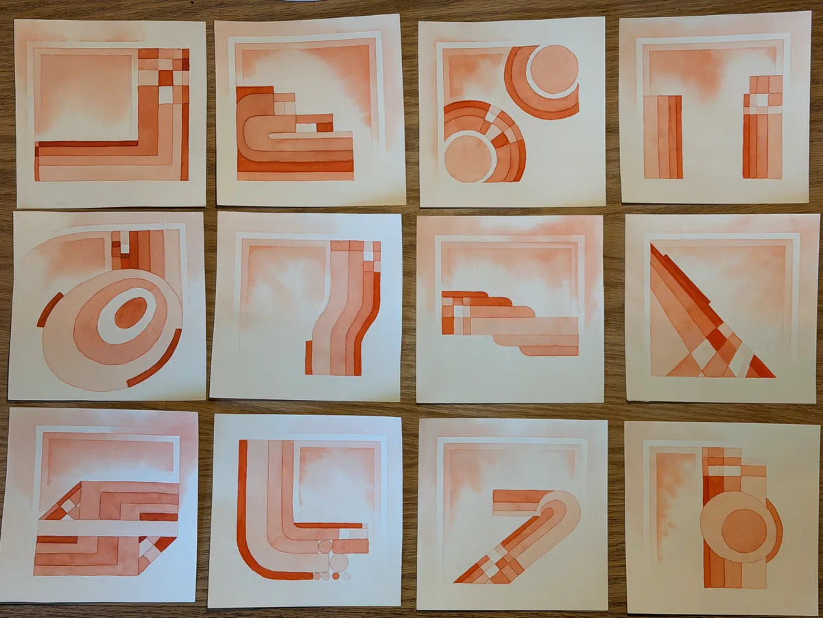 Twelve monochrome watercolor paintings in orange and vermilion tones arranged in a grid
