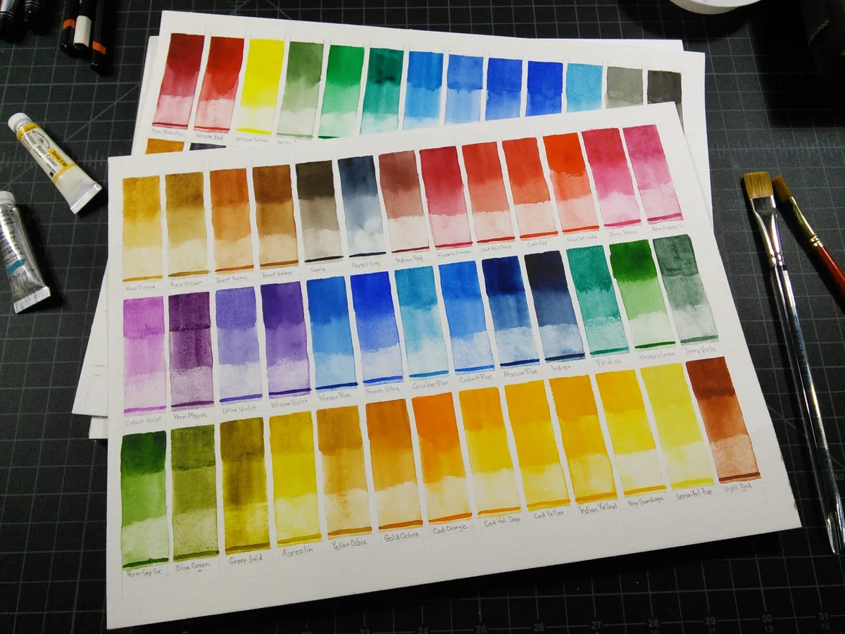 Watercolor color chart swatches arranged in rows on paper