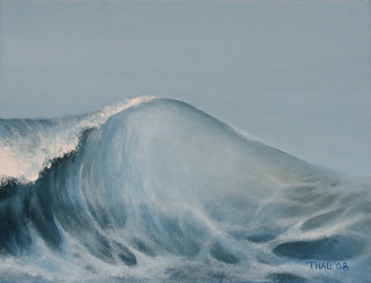 Acrylic painting of a curling ocean wave with white foam