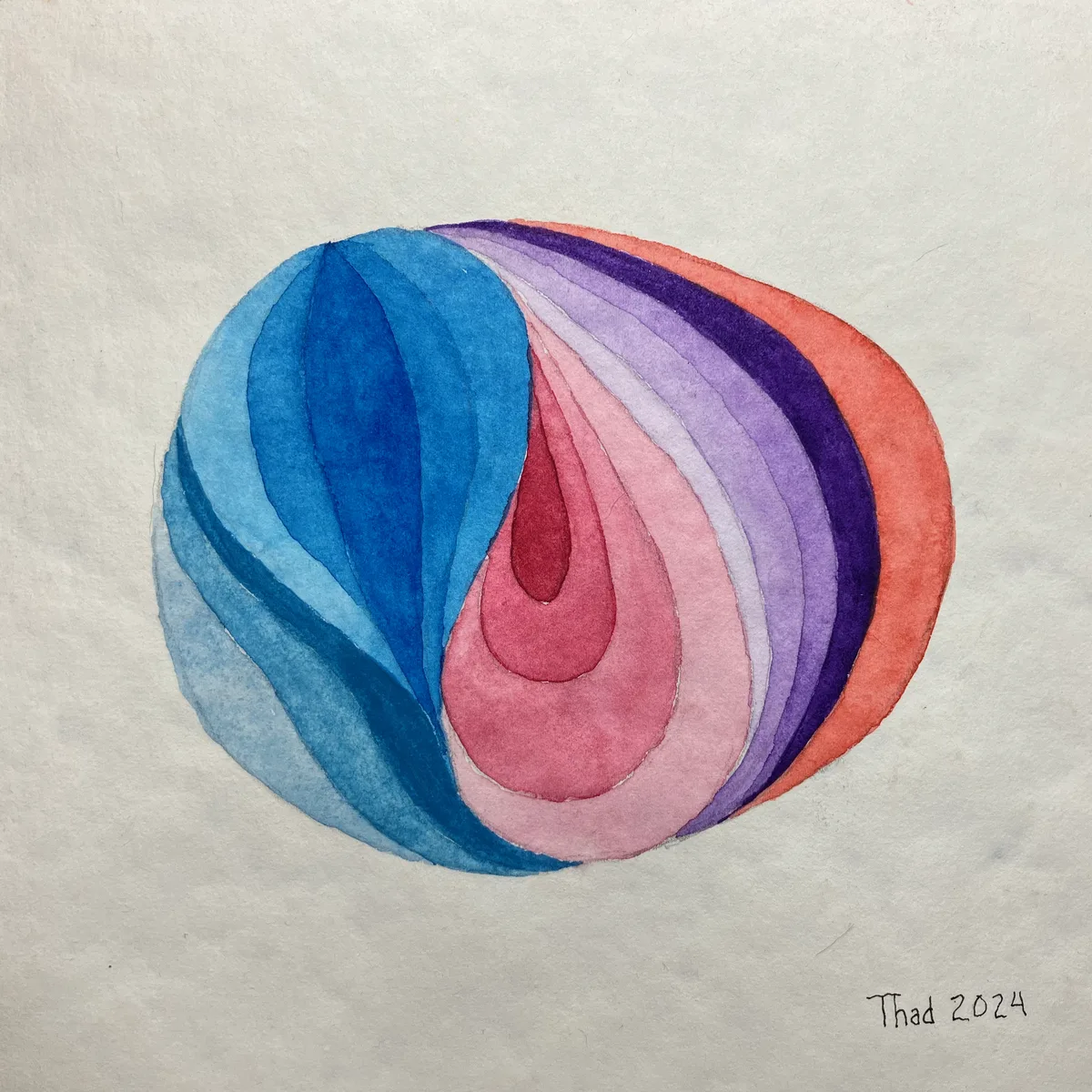 Abstract watercolor painting of layered curved bands in blue, pink, purple, and orange tones.